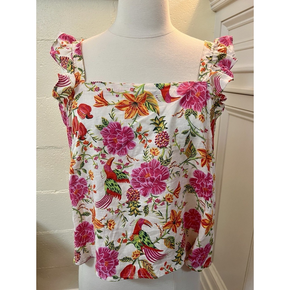 Rachel Zoe Linen Rayon Sleeveless Blouse Top Size S Flower & Bird Boho Tropical